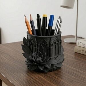 Elegant Black Lotus Gothic Pen Holder